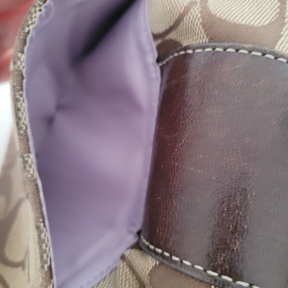 Coach Wallet Canvas Leather Brown Purple Designer Medium Bifold Logo - Picture 12 of 14